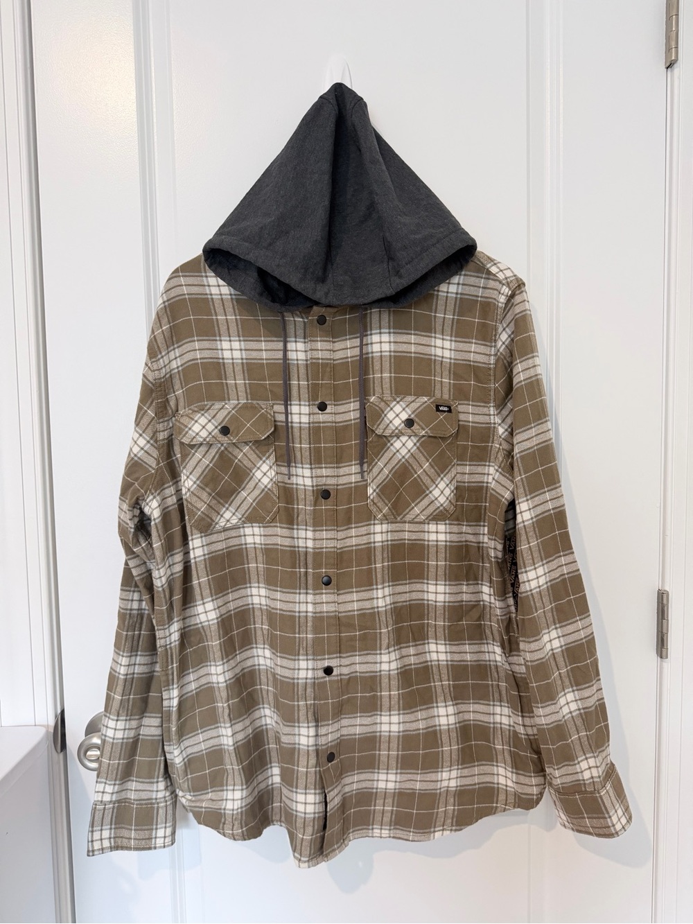 Vans Tan & White Plaid Hooded Flannel Shirt Jacket with Charcoal Hood